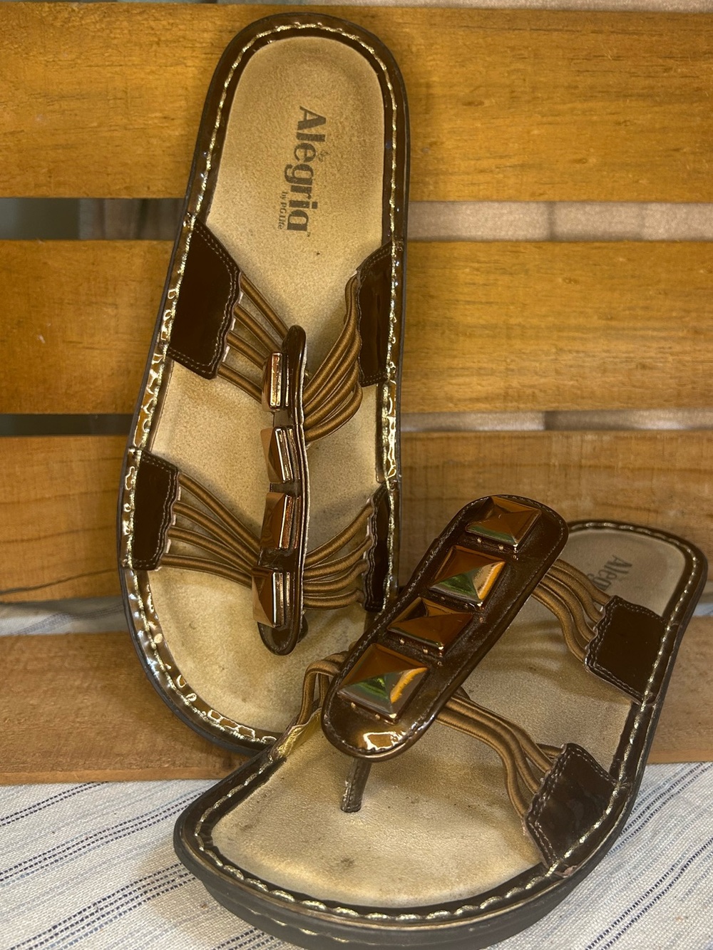 ALEGRIA PISA PATENT LEATHER BRONZE METALLIC SANDALS